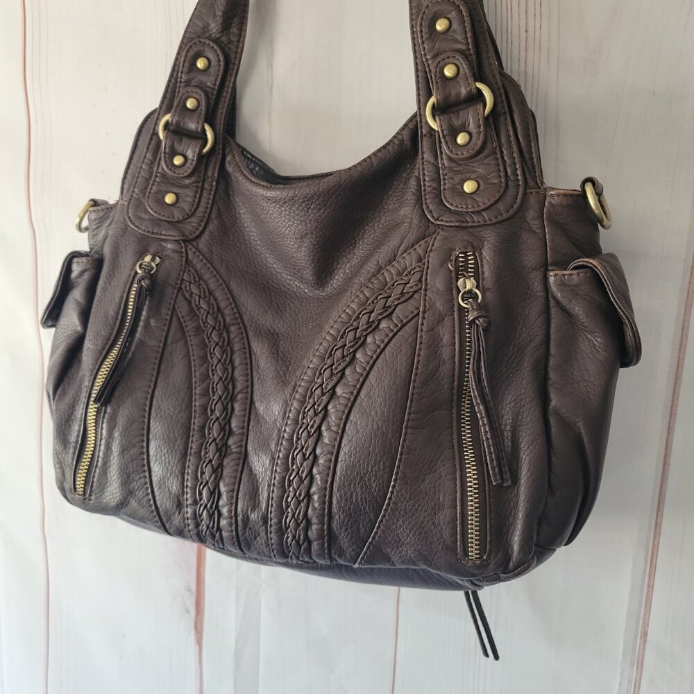 Montana West Braided Vegan Leather Concealed Carry Shoulder Hobo Bag Purse Brown - Picture 3 of 13